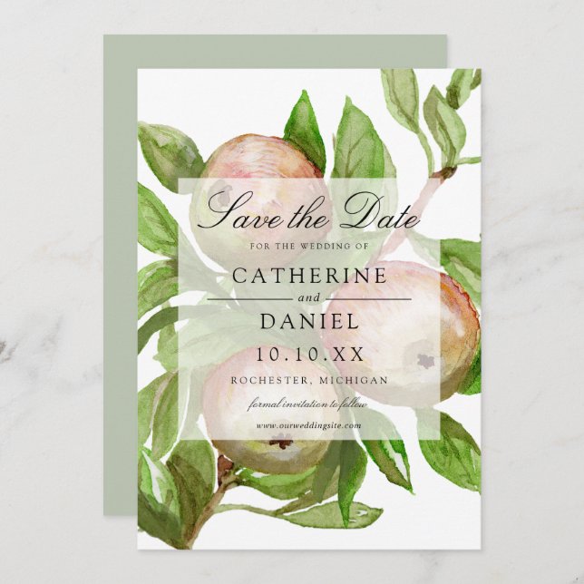 Watercolor apple branch save the date card (Front/Back)