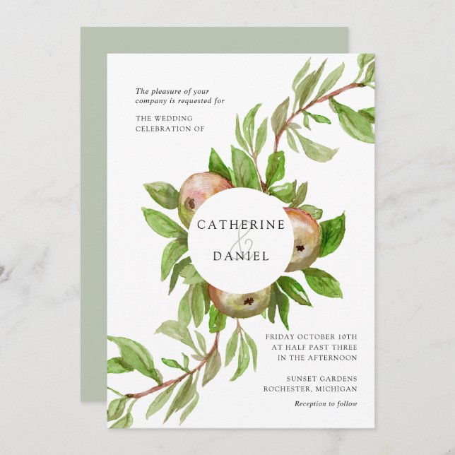 Watercolor apple branch wedding invitation (Front/Back)