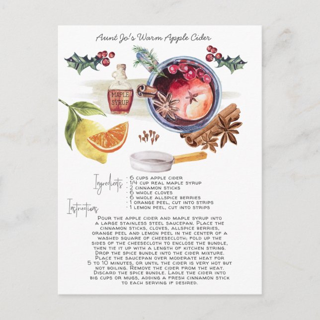 Watercolor Apple Cider Recipe | Holiday Card (Front)
