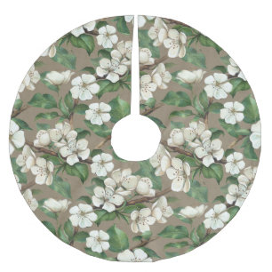 Watercolor Apple Flowers: Vintage Pattern. Brushed Polyester Tree Skirt