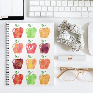 Watercolor Apple Initial Monogram Notebook