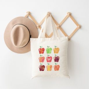 Watercolor Apple Initial Monogram Teacher Tote Bag