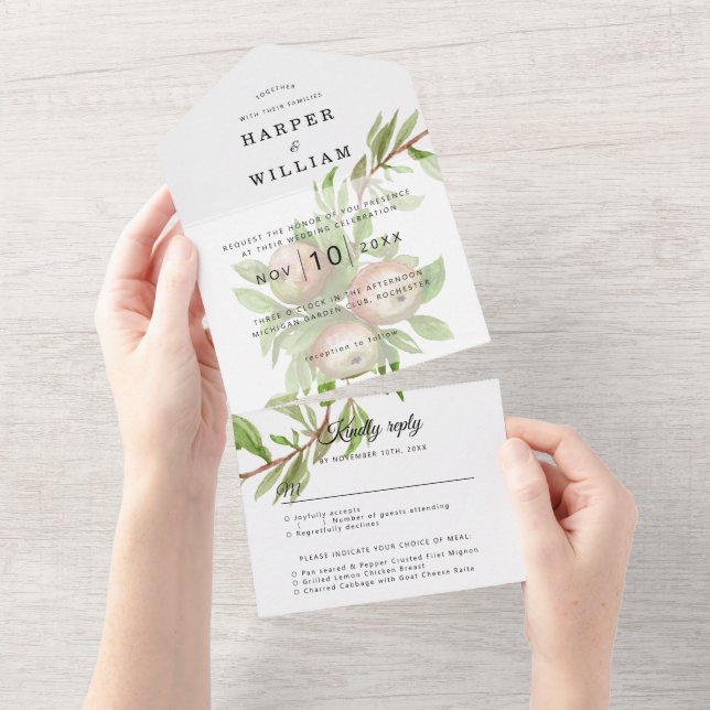 Watercolor apples envelope wedding suite all in one invitation (Tearaway)