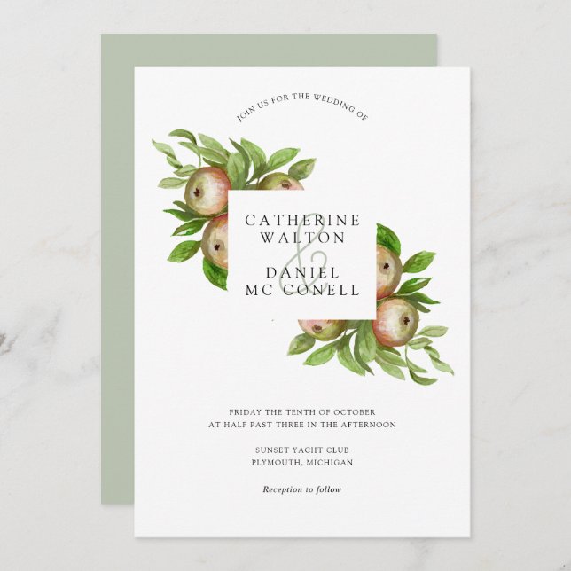 Watercolor apples wedding invitation (Front/Back)
