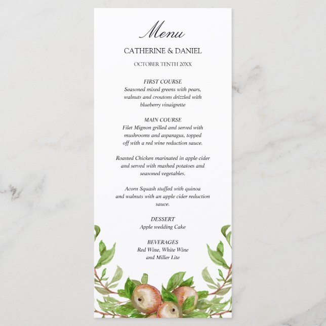 watercolor apples wedding menu (Front)