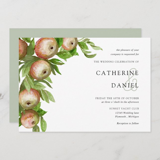 Watercolor apples with leaves horizontal wedding invitation (Front/Back)