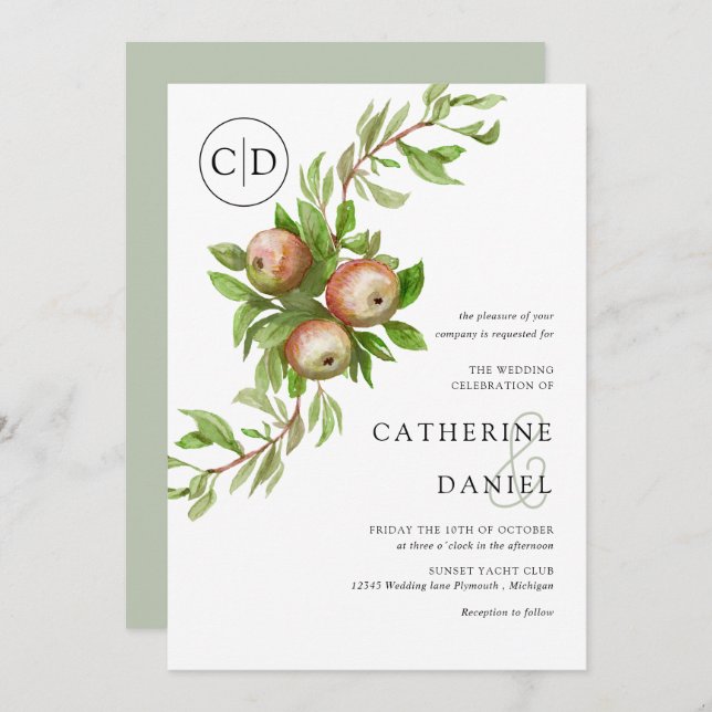Watercolor apples with monogram wedding invitation (Front/Back)