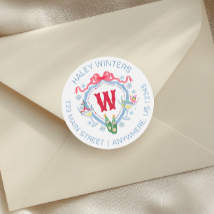 Watercolor Apres-Ski Monogram Crest Return Address Classic Round Sticker