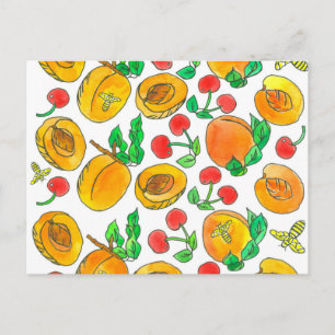 Watercolor Apricot Fruit Cherries Bees Postcard