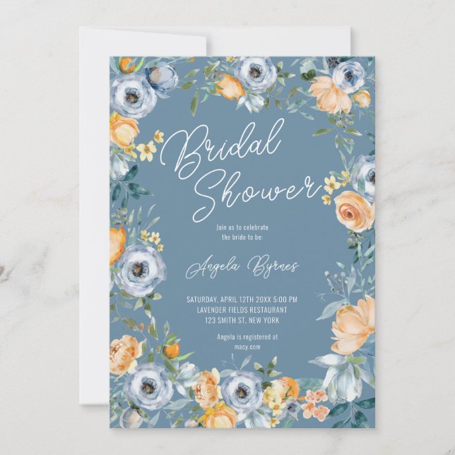 Watercolor Apricot Pastel Blue Wild Flowers  Invitation (Front)