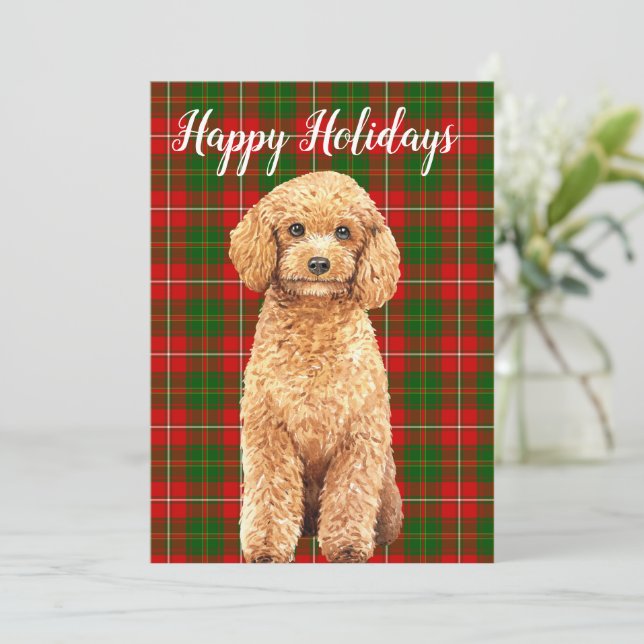 Watercolor Apricot Poodle Dog on Plaid Flat Holiday Card (Standing Front)