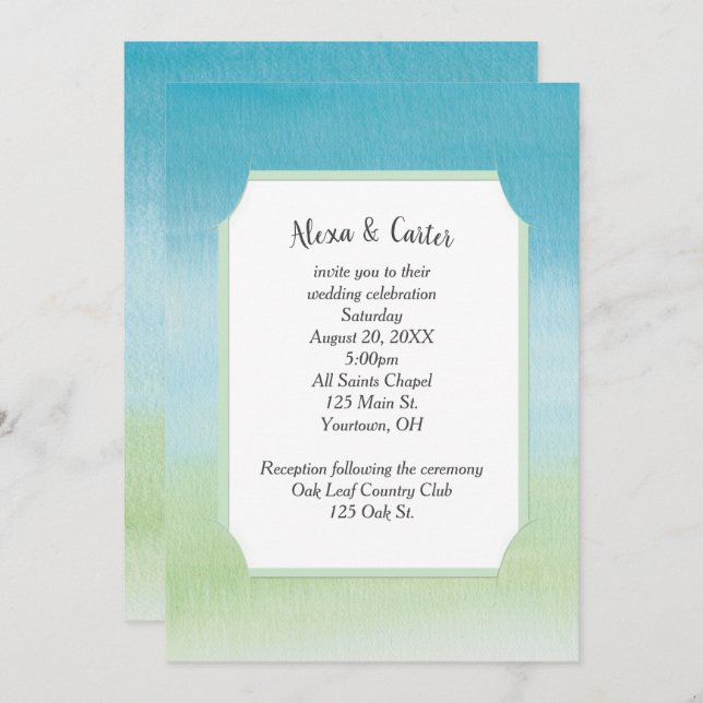 Watercolor Aqua And Green Wedding Invitation (Front/Back)