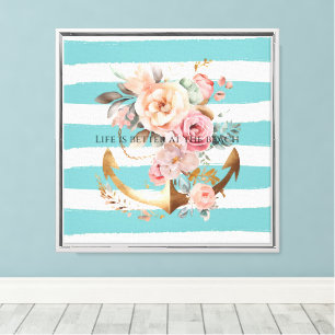 Watercolor Aqua Beach Stripes Floral Anchor Canvas Print