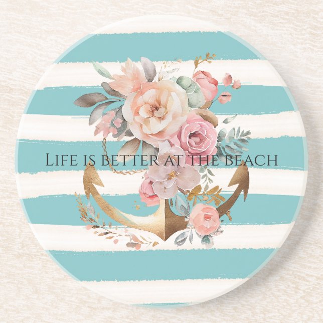 Watercolor Aqua Beach Stripes Floral Anchor Coaster (Front)