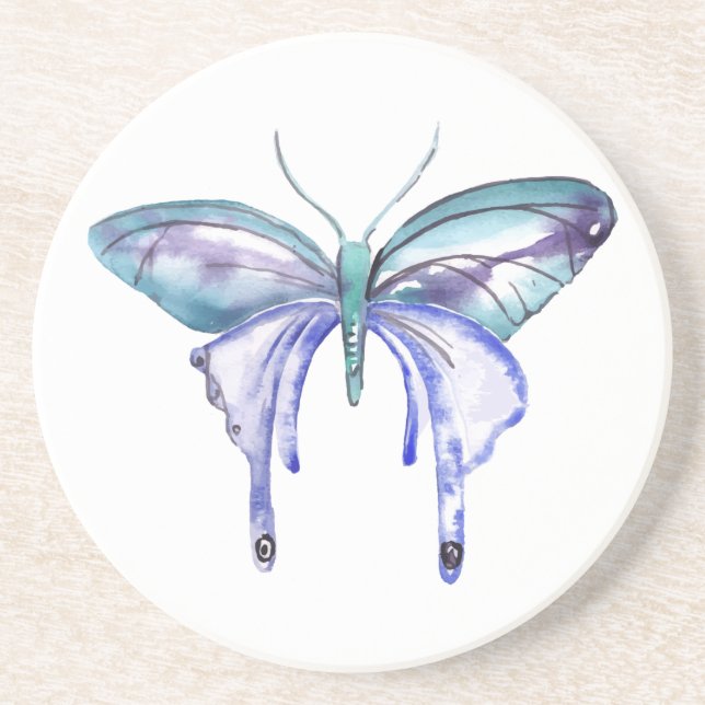 watercolor aqua blue purple butterfly coaster (Front)