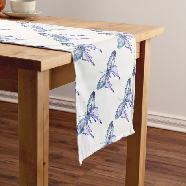 watercolor aqua blue purple butterfly short table runner (In Situ)