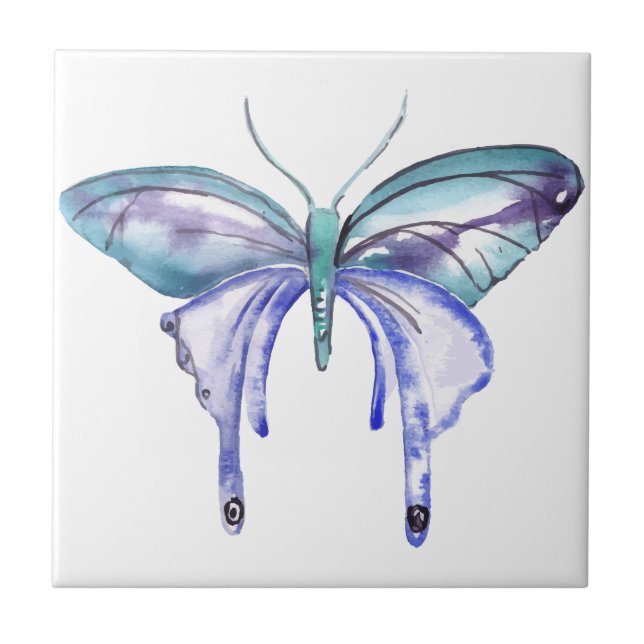 watercolor aqua blue purple butterfly tile (Front)