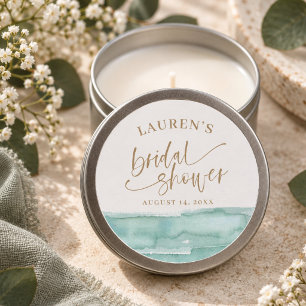 Watercolor Aqua & Gold Script Bridal Shower Classic Round Sticker