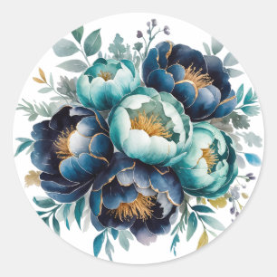 Watercolor Aqua Navy Blue Peony Floral Wedding Classic Round Sticker