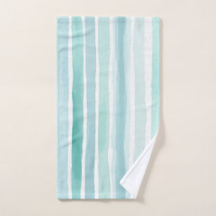 Watercolor Aqua Vertical Stripe Pattern Coastal Hand Towel