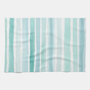 Watercolor Aqua Vertical Stripe Pattern Coastal Tea Towel