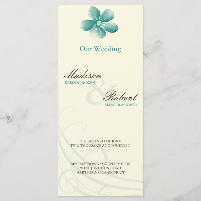 Watercolor Aqua Wedding Program Card (Front)