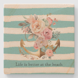 Watercolor Aqua White Beach Stripes Stone Coaster