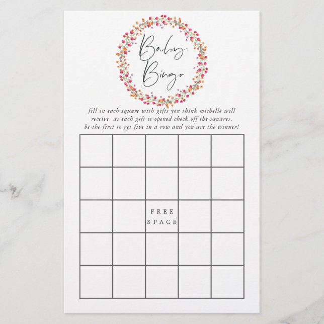 Watercolor Aquarelle Wild Flower Baby Shower Bingo (Front)