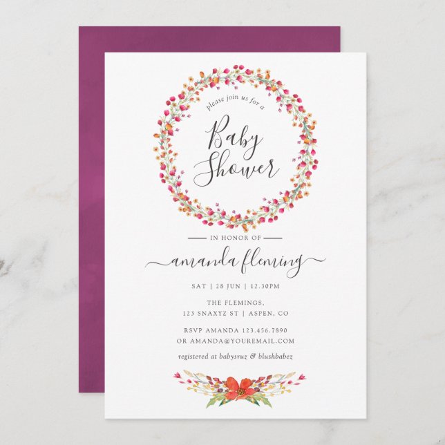 Watercolor Aquarelle Wild Flower Baby Shower Invitation (Front/Back)