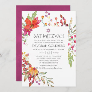 Watercolor Aquarelle Wild Flower Bat Mitzvah Invitation