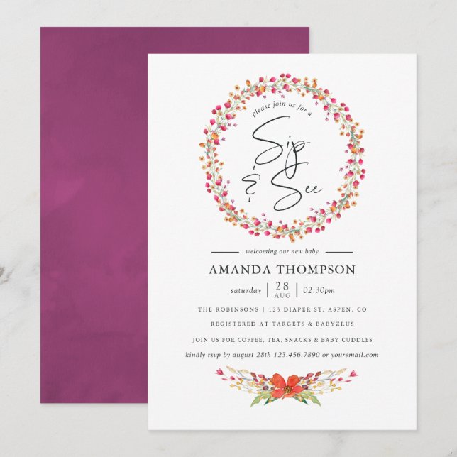 Watercolor Aquarelle Wild Flower Sip and See Invitation (Front/Back)