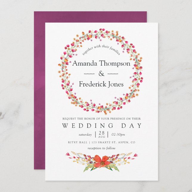 Watercolor Aquarelle Wild Flower Wedding Invitation (Front/Back)