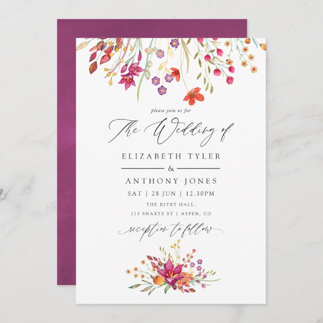 Watercolor Aquarelle Wild Flower Wedding Invitation (Front/Back)