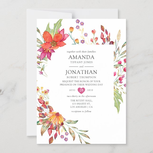 Watercolor Aquarelle Wild Flower Wedding Magnetic Invitation (Front)