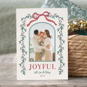 Watercolor Arch Garland Bow Custom Sentiment Photo Holiday Card