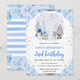 Watercolor Arctic Animals Floral 2nd Birthday Invitation