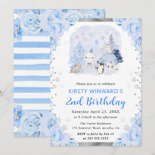 Watercolor Arctic Animals Floral 2nd Birthday Invitation