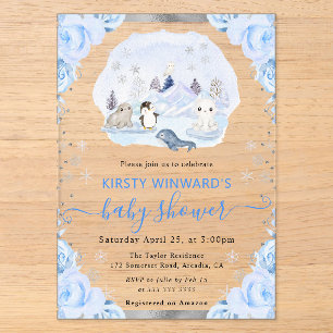 Watercolor Arctic Animals Floral Baby Shower Acrylic Invitations