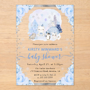 Watercolor Arctic Animals Floral Baby Shower Acrylic Invitations