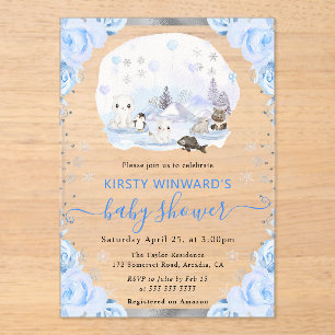 Watercolor Arctic Animals Floral Baby Shower Acrylic Invitations