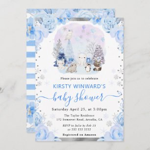 Watercolor Arctic Animals Floral Baby Shower Invitation