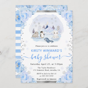 Watercolor Arctic Animals Floral Baby Shower Invitation