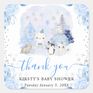 Watercolor Arctic Animals Floral Baby Shower Square Sticker