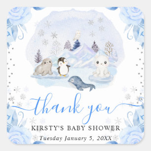 Watercolor Arctic Animals Floral Baby Shower Square Sticker