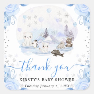 Watercolor Arctic Animals Floral Baby Shower Square Sticker