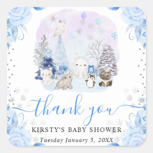 Watercolor Arctic Animals Floral Baby Shower Square Sticker