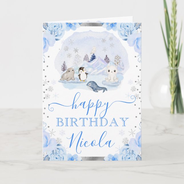 Watercolor Arctic Animals Floral Birthday Card (Front)