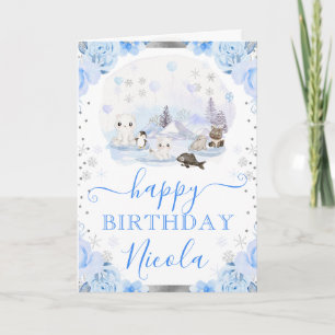 Watercolor Arctic Animals Floral Birthday Card