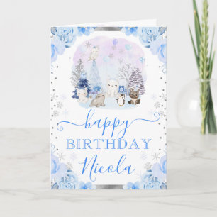 Watercolor Arctic Animals Floral Birthday Card