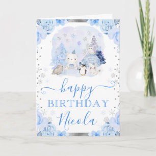 Watercolor Arctic Animals Floral Birthday Card